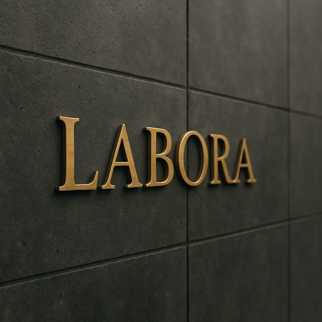 A sign on a stone wall with the text "Labora" written in brass letters.